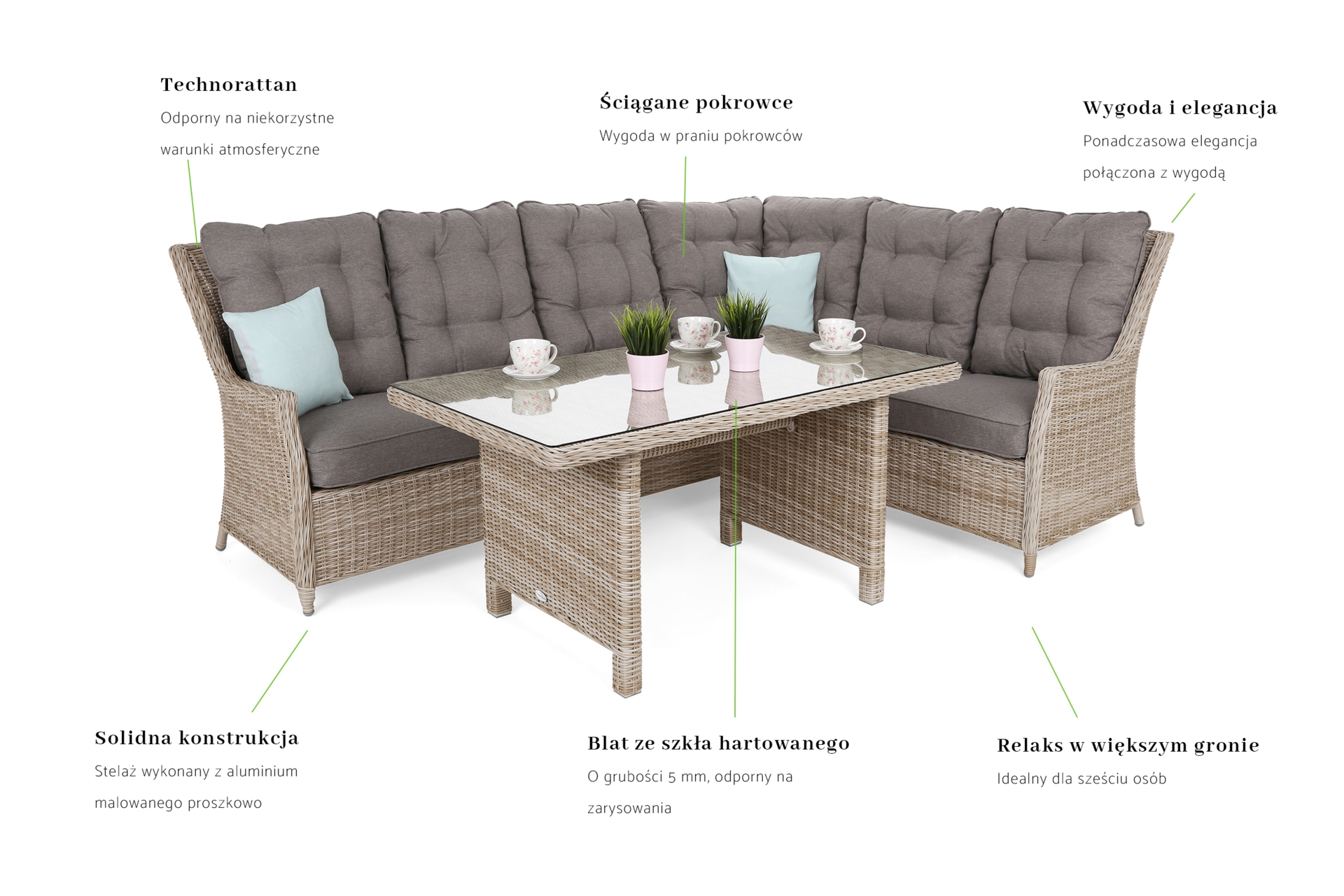 Narożny zestaw mebli ogrodowych prawy Alicante Beige / Beige Melange z pufami