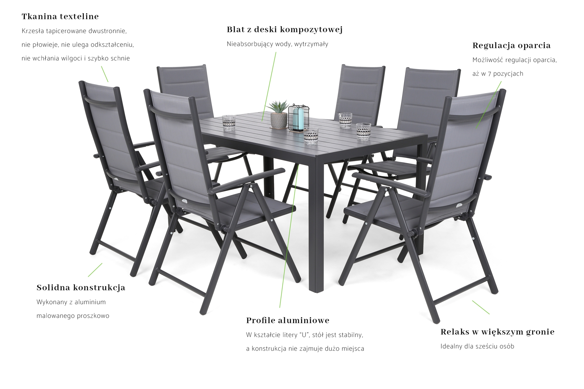 Meble ogrodowe aluminiowe Ibiza 150 cm Grey / Window Grey 6+1