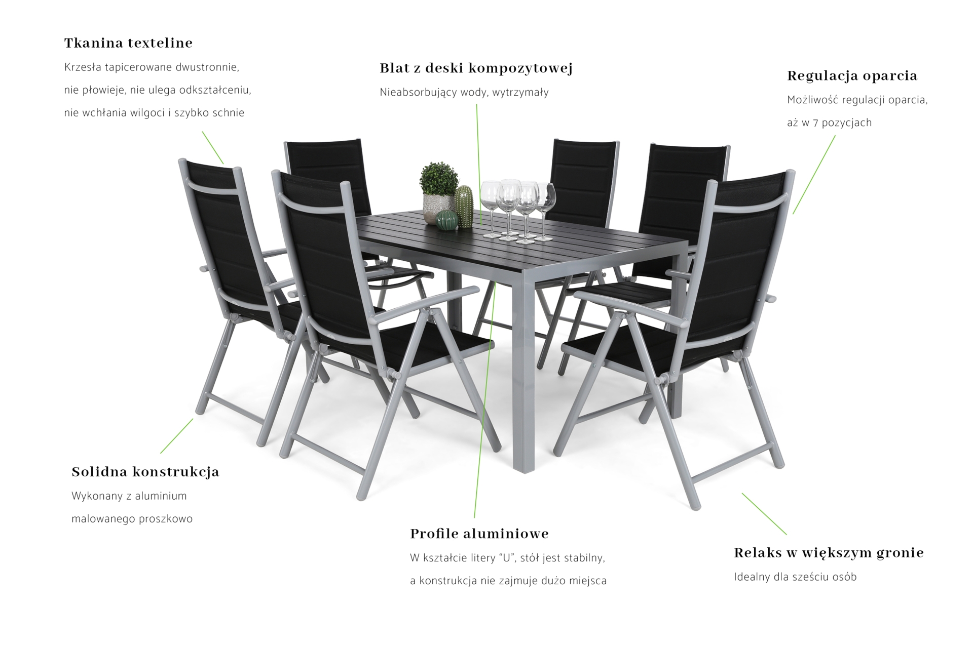 Meble ogrodowe aluminiowe Ibiza 185 cm Silver / Black 8+1