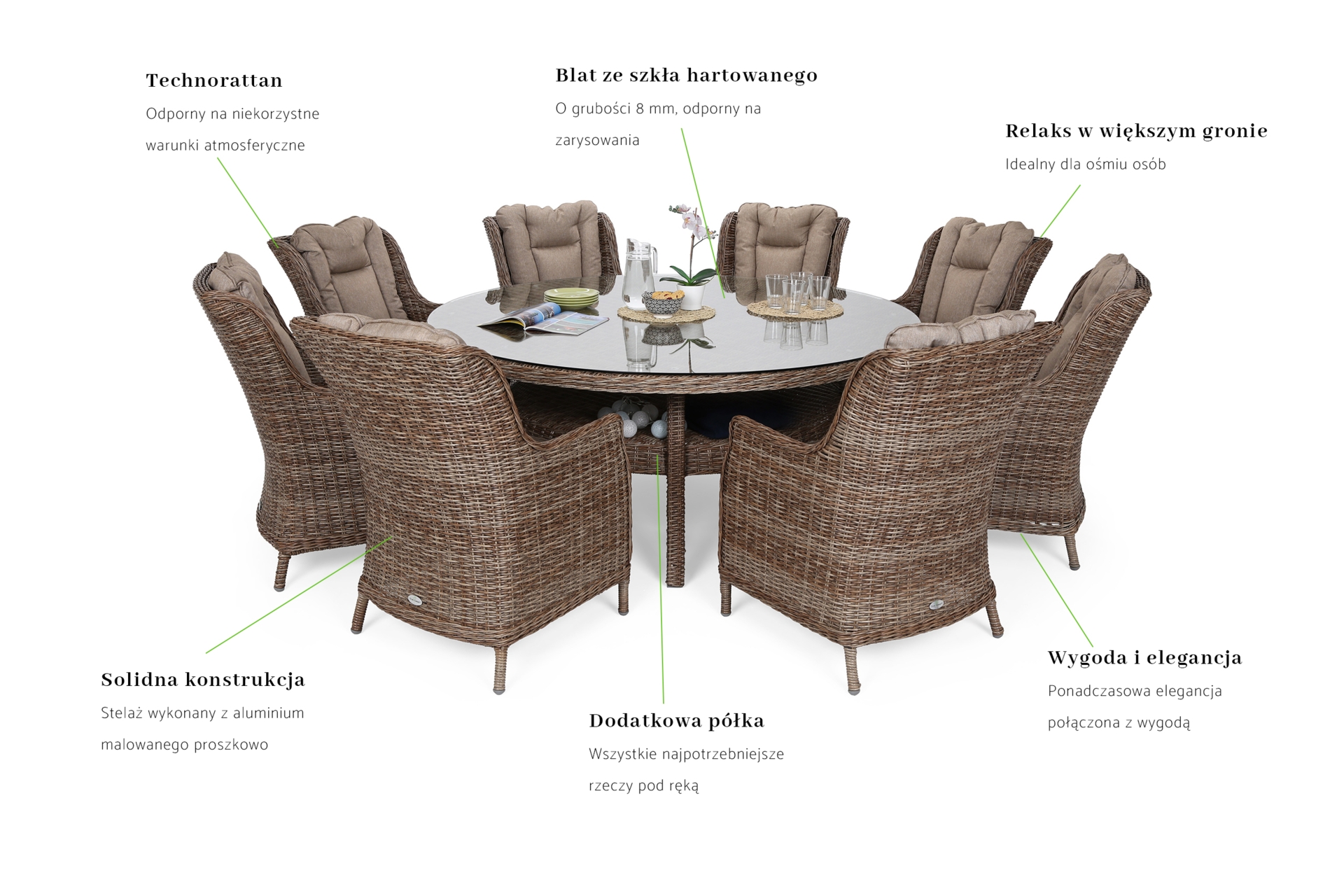 Meble ogrodowe technorattanowe Bristol Round Elegant 180 cm Ginger / Brown Melange 8+1