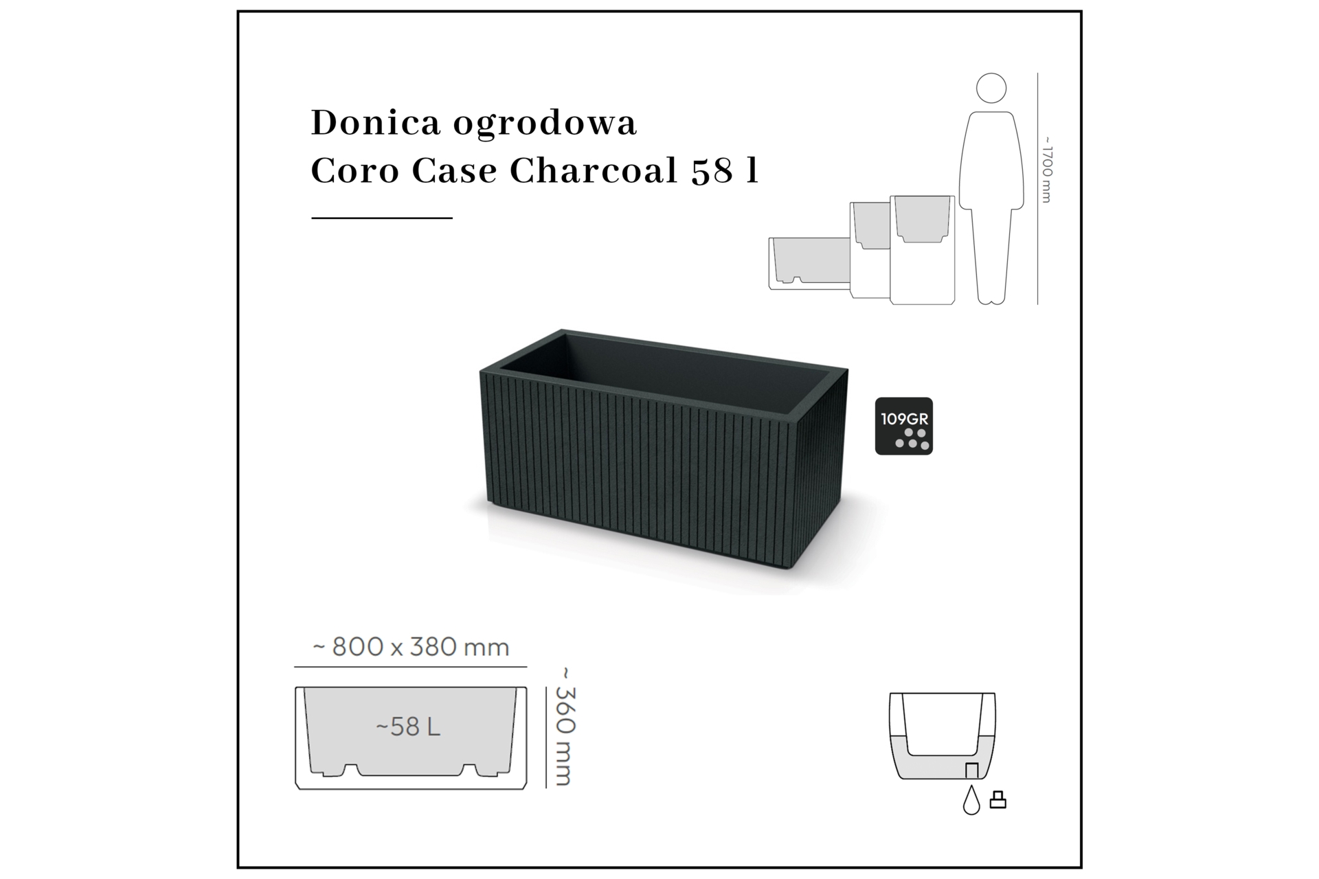 Donica ogrodowa Prosperplast Coro Case Charcoal 58 l