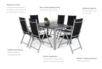 Meble ogrodowe aluminiowe Ibiza 150 cm Silver / Black 6+1