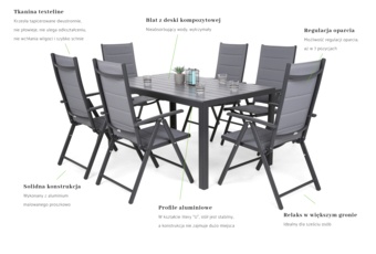 Meble ogrodowe aluminiowe Ibiza 150 cm Grey / Window Grey 6+1