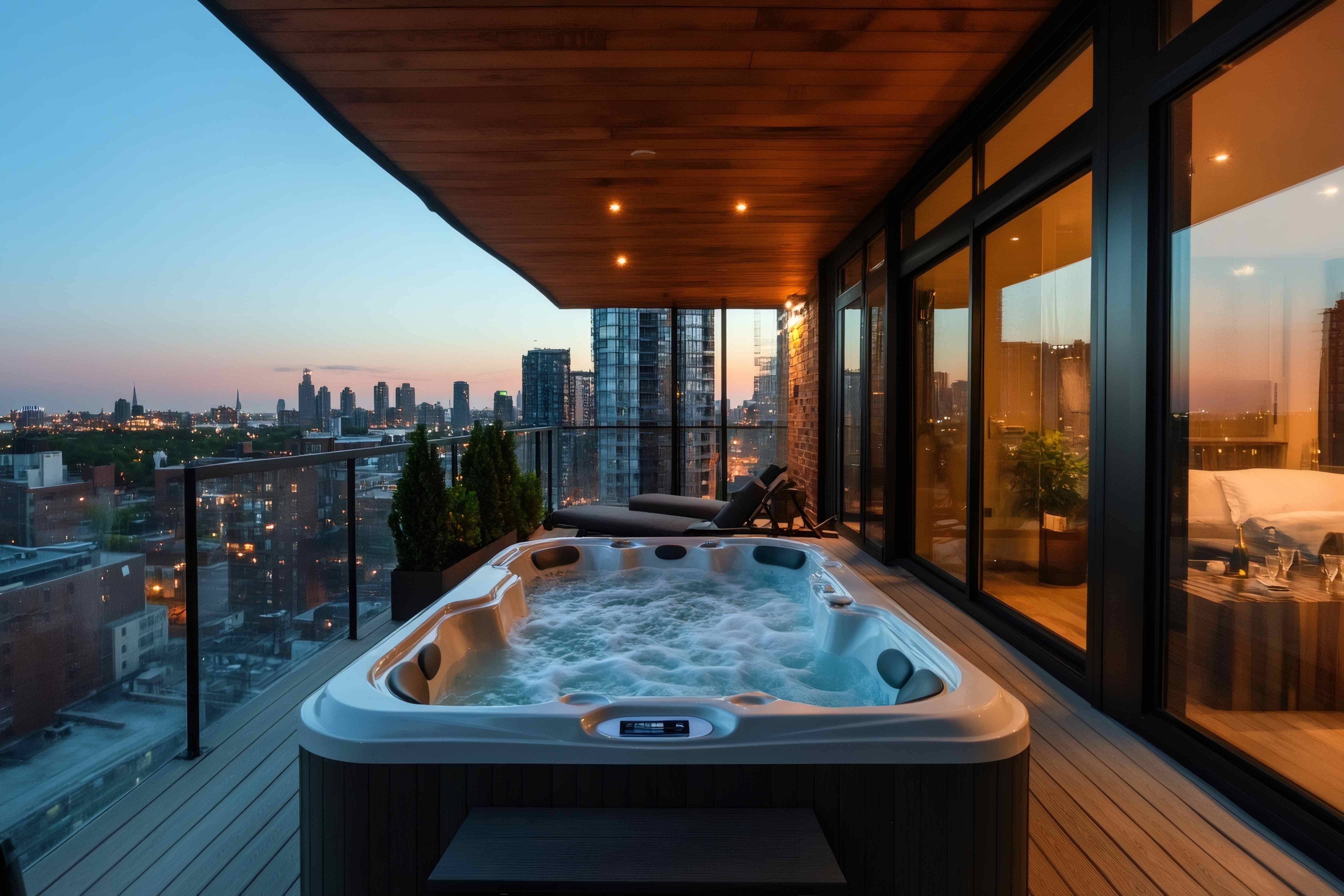 jacuzzi na tarasie z widokiem miasta w tle