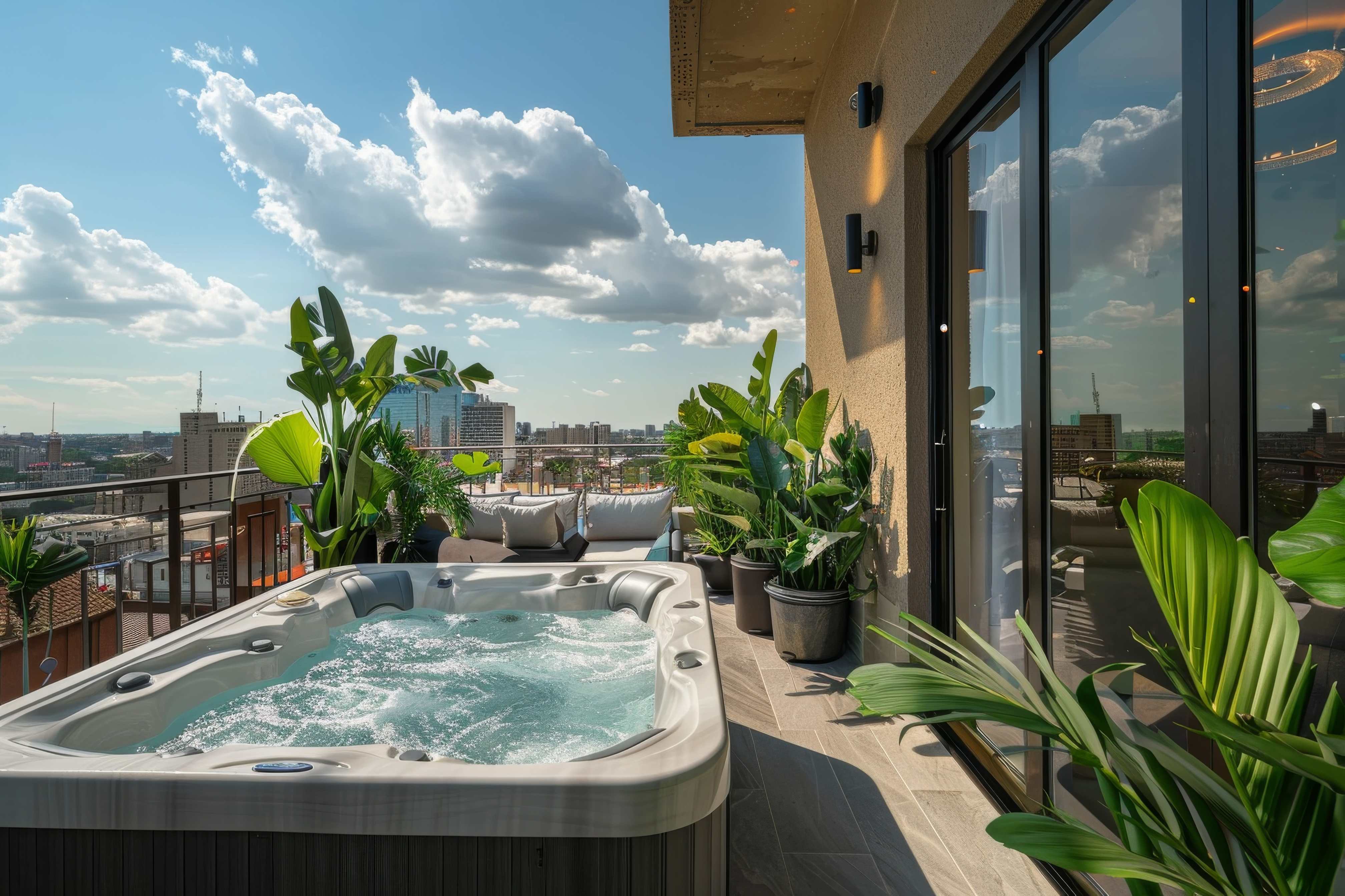 jacuzzi otoczone roślinnością na tarasie