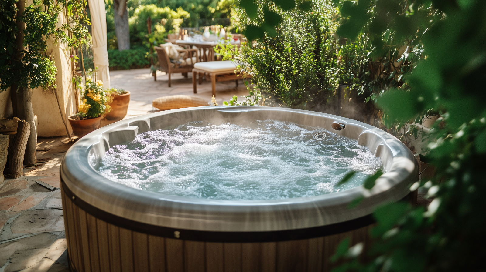 wanna z hydromasazem w ogrodzie
