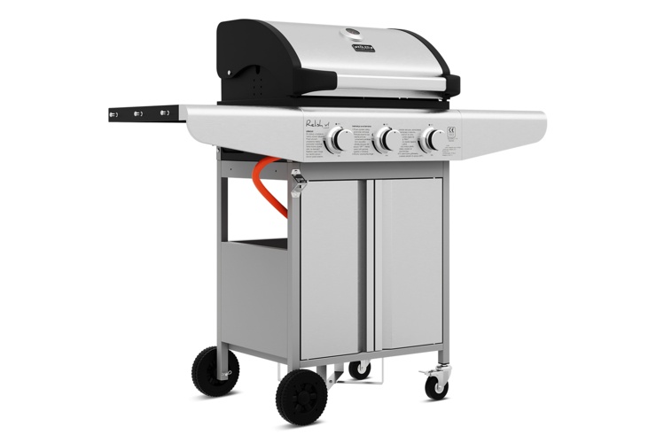 srebrny grill gazowy z czarną obudową przykrywy