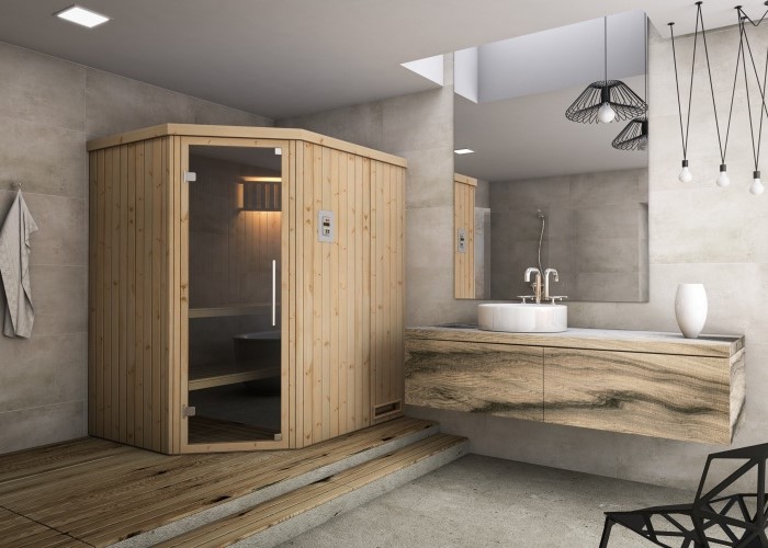 sauna w lazience z duzym lustrem